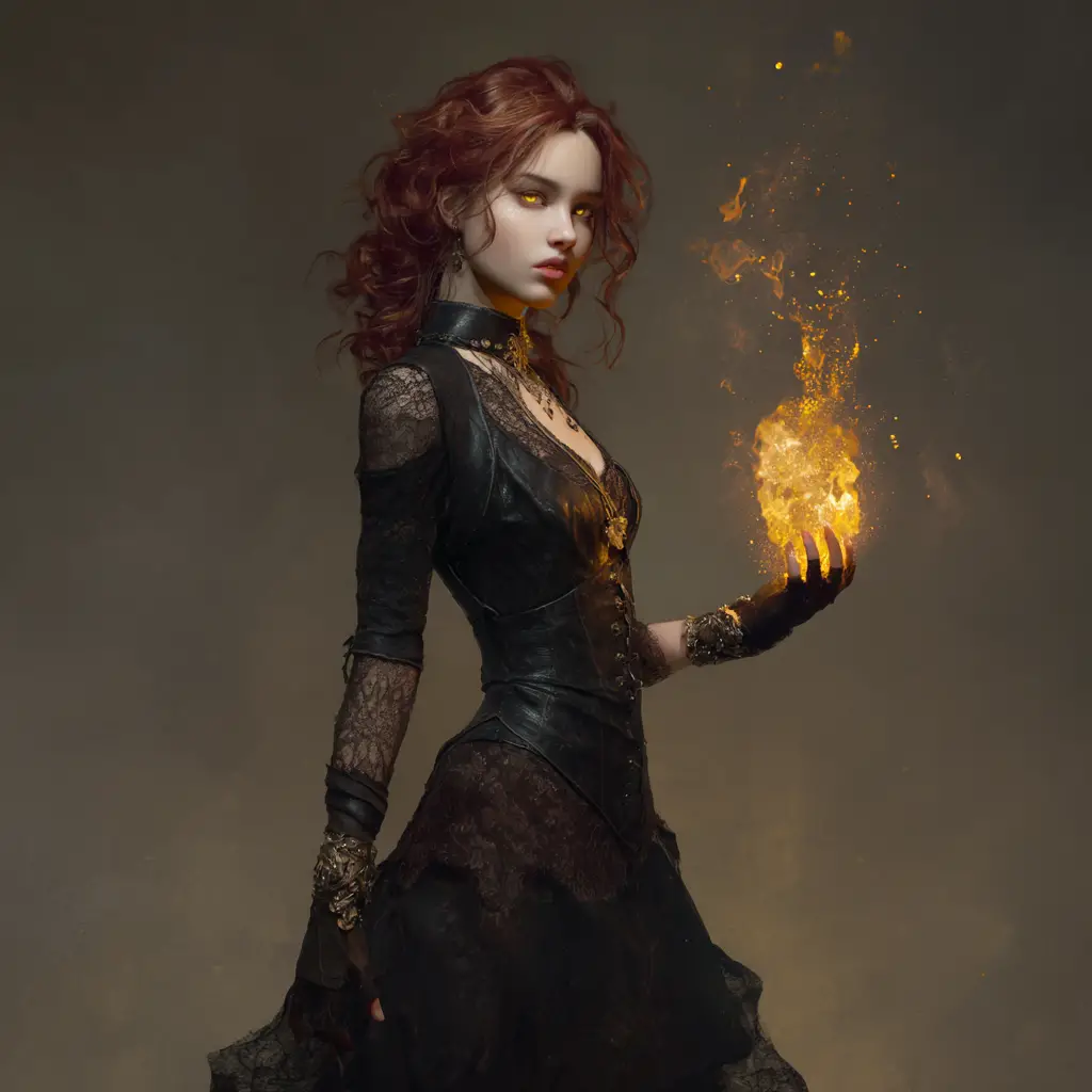 濃い赤髪と黄色い瞳、炎の魔法を操るファンタジーの魔女