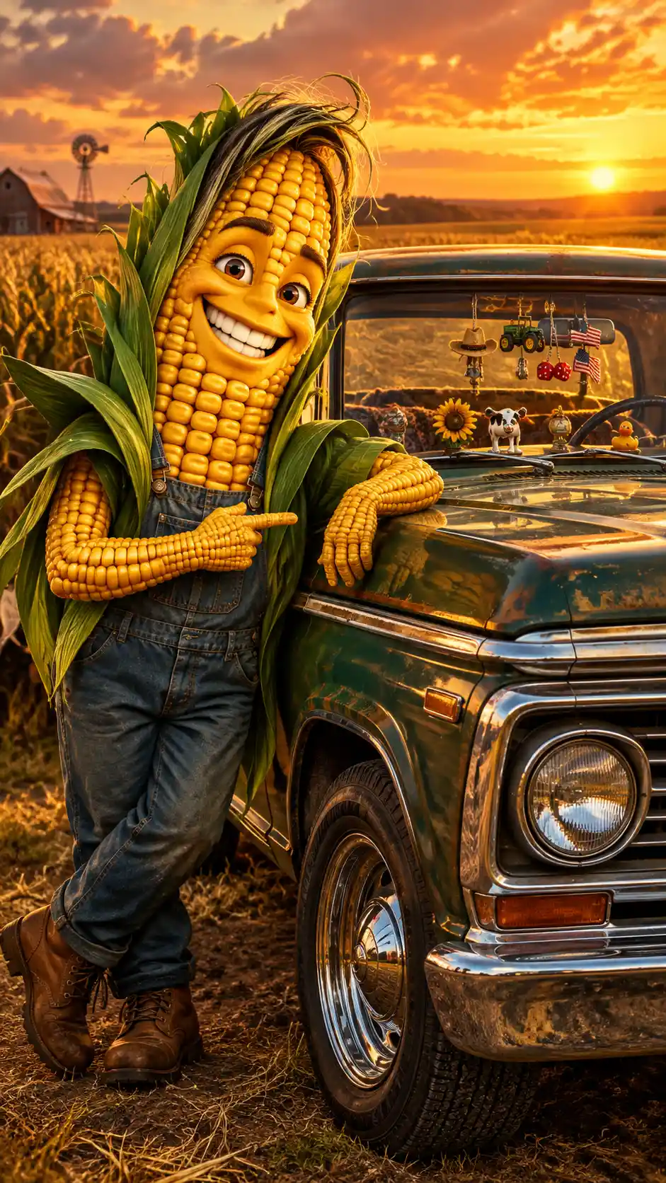 A Grinning Corn Character Proudly Poses Beside a Vintage Farm Truck