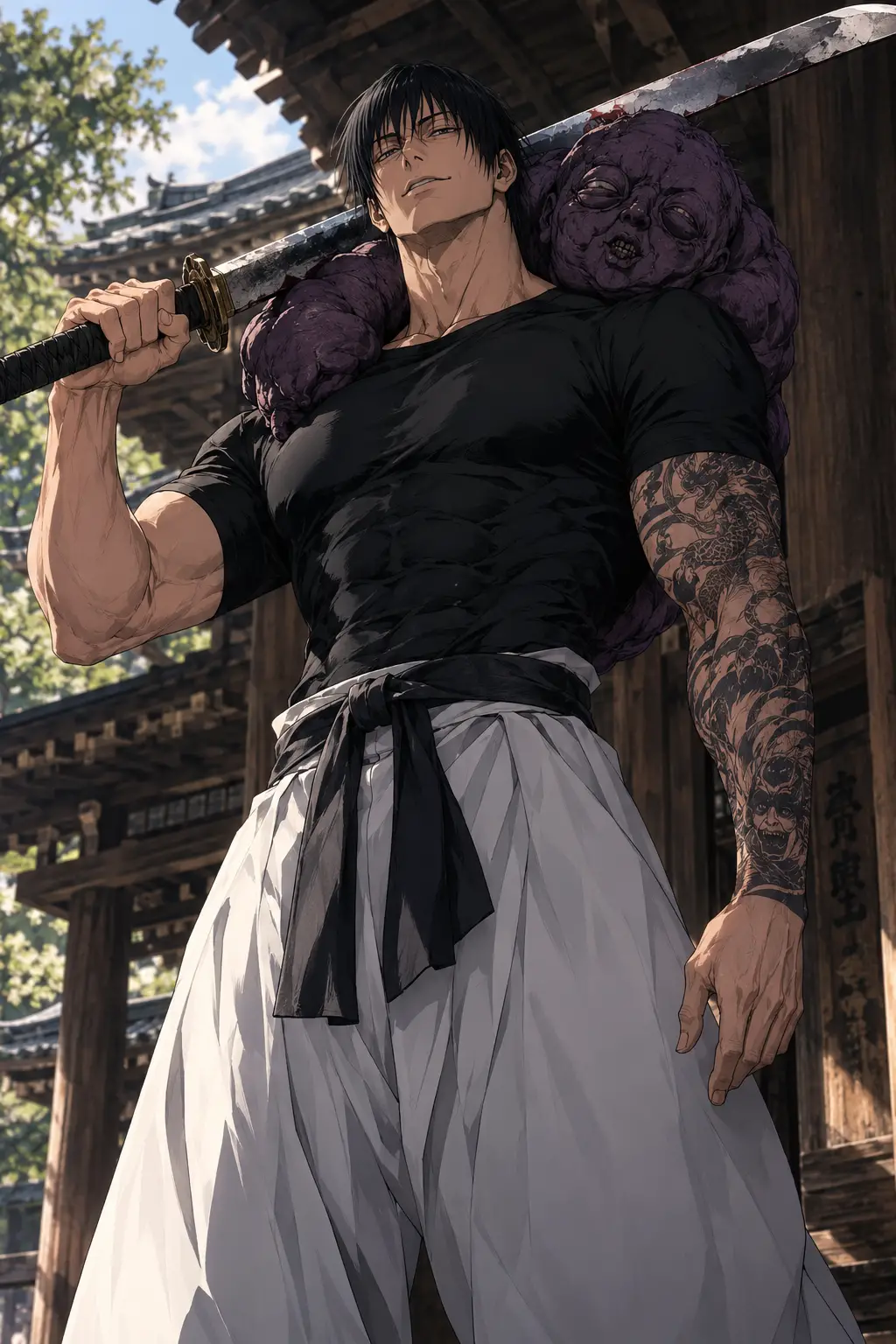 Toji Fushiguro avec un katana et un esprit maudit en style anime