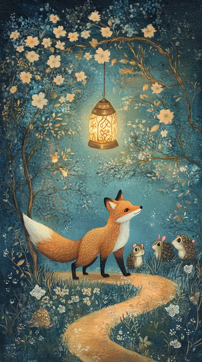 A red fox carries a glowing lantern along a twilight path