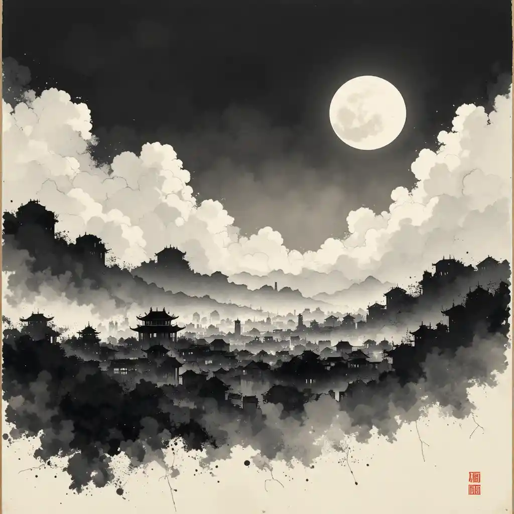 A Ming dynasty city skyline under a full moon in ink