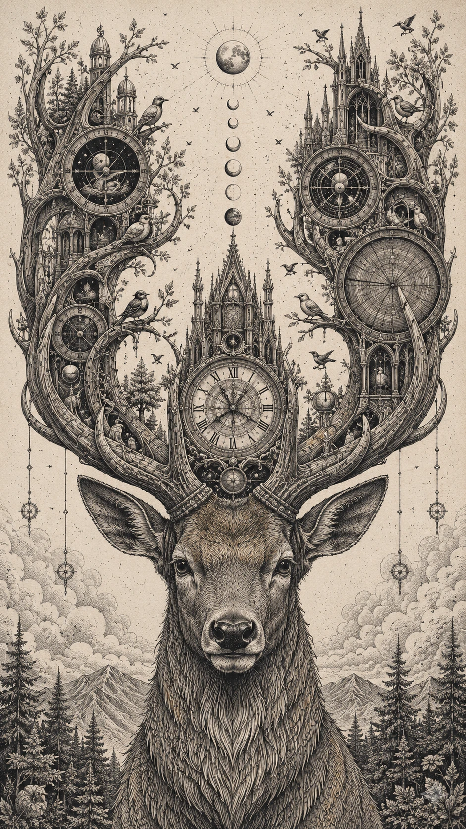 Un cerf aux bois transformés en horloges et observatoires complexes