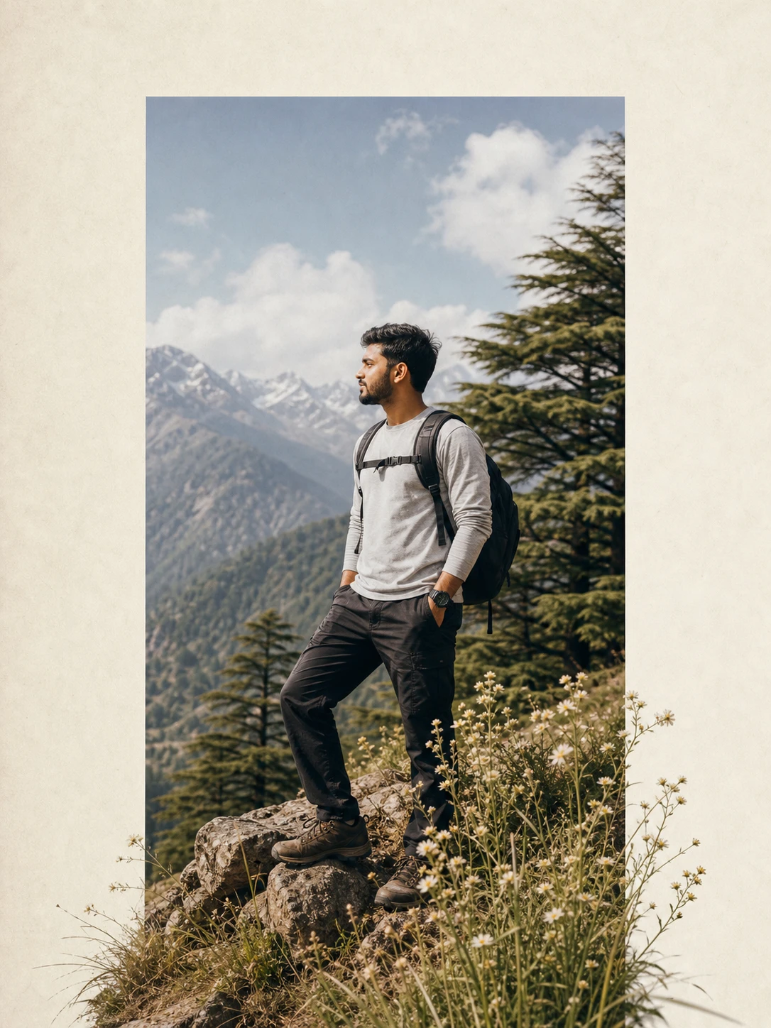 A minimalist editorial collage with a framed photograph on ivory paper