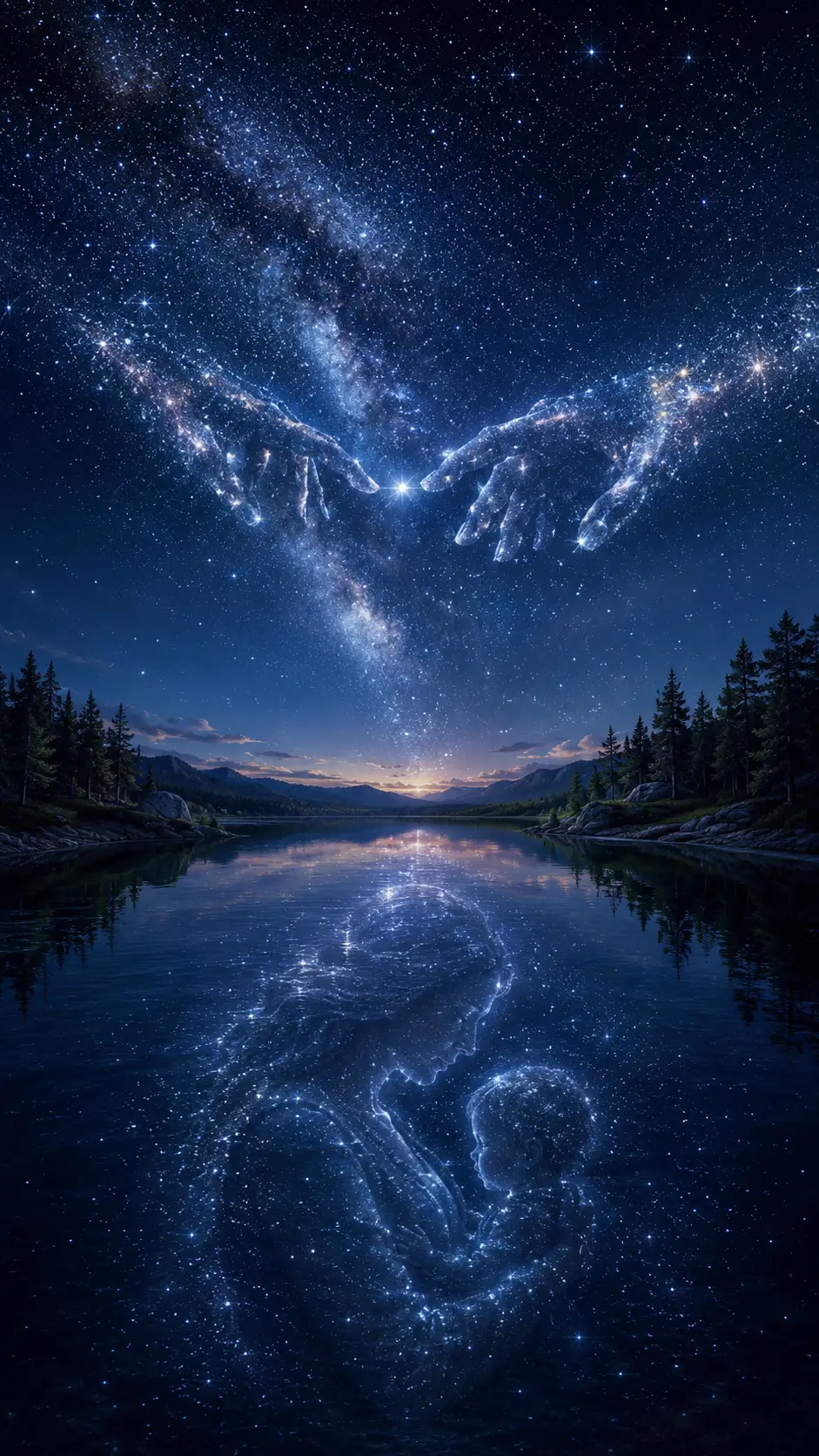銀河在靜謐湖面上方幻化成輕觸的雙手