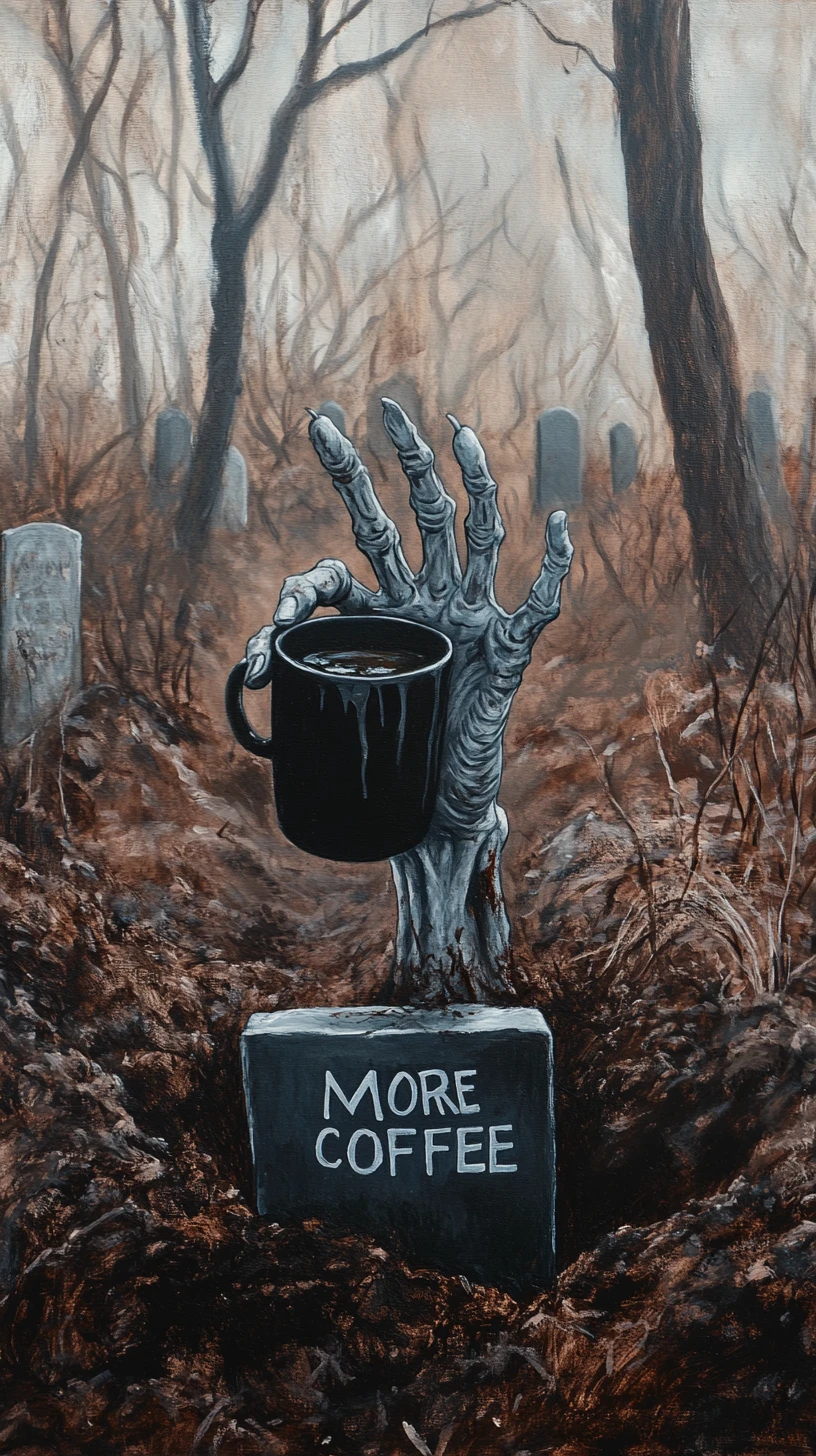 A zombie hand rises from a grave beneath a coffee epitaph