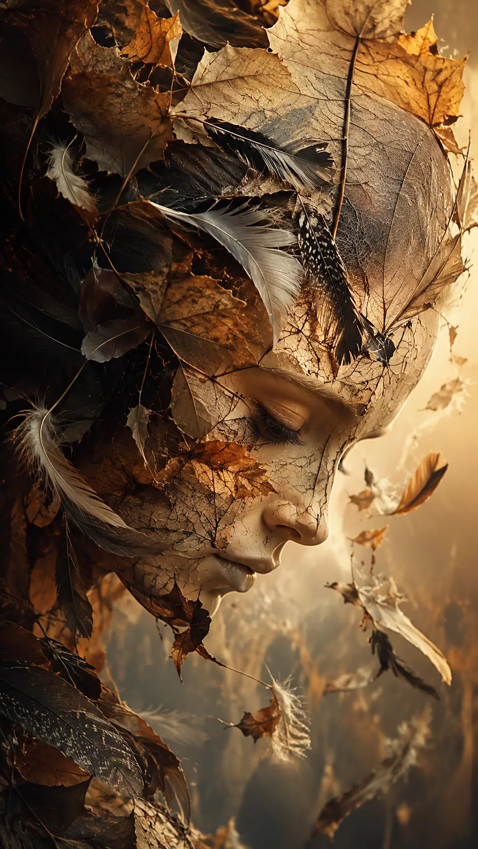 Un profil féminin rêveur composé de feuilles et de plumes délicates