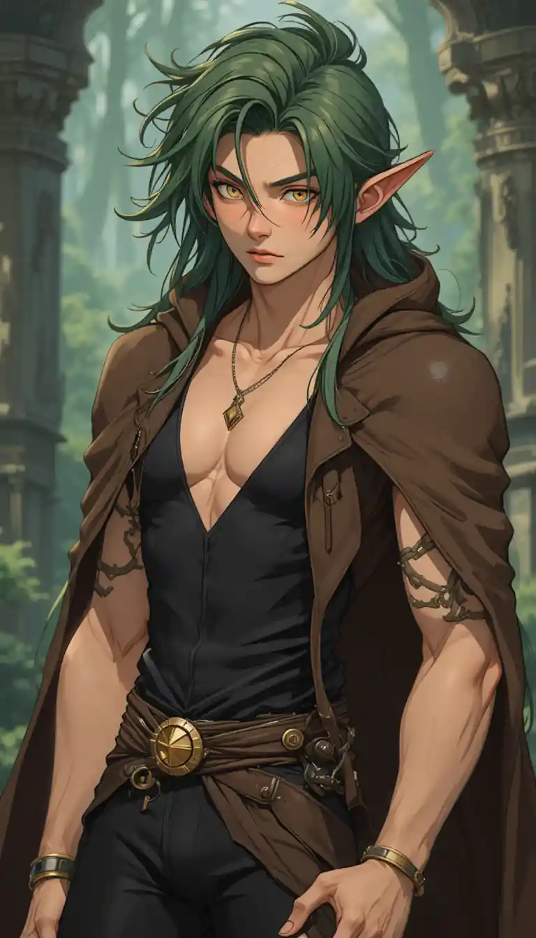 A Fantasy Man With Green Hair, Cat Ears, And Golden Eyes