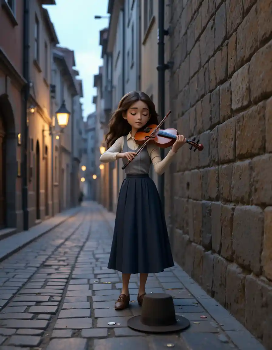 A young woman plays violin on a cobblestone street at dusk