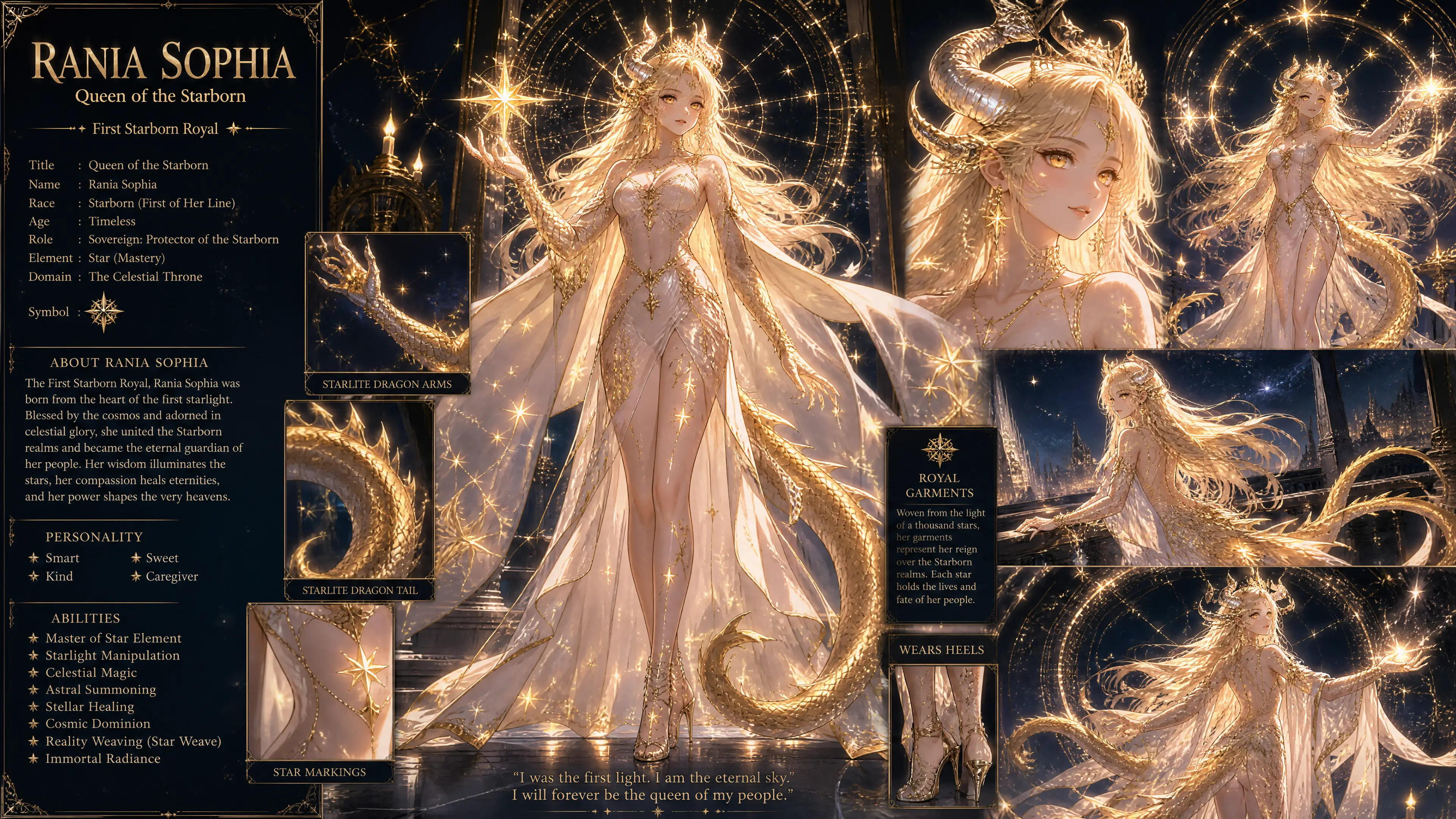 Eine Fantasy-Königin mit geschwungenen Hörnern, Drachenarmen und Sternenmustern