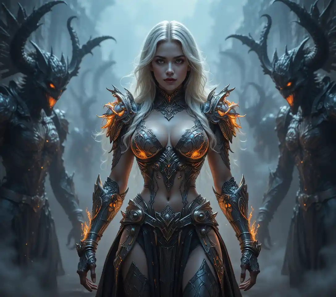 A blonde paladin faces shadowy succubi in glowing glass armor