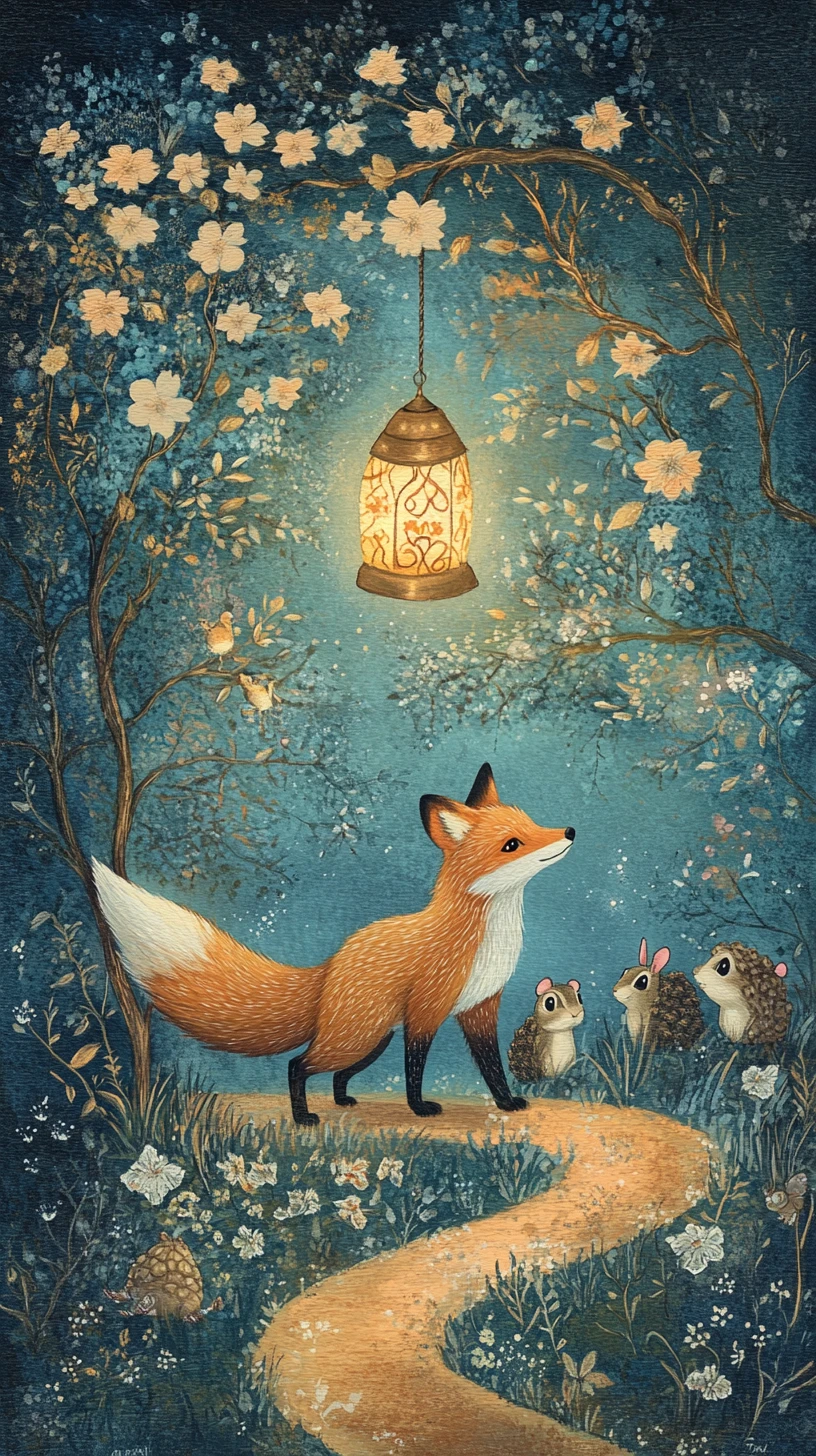 A red fox carries a glowing lantern along a twilight path