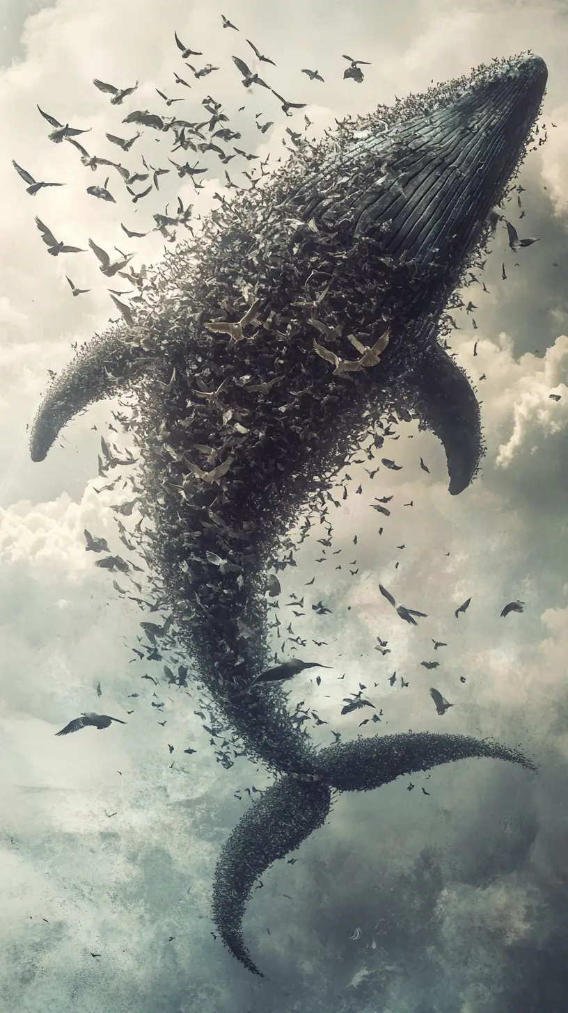 A celestial whale formed by hundreds of tiny birds in flight