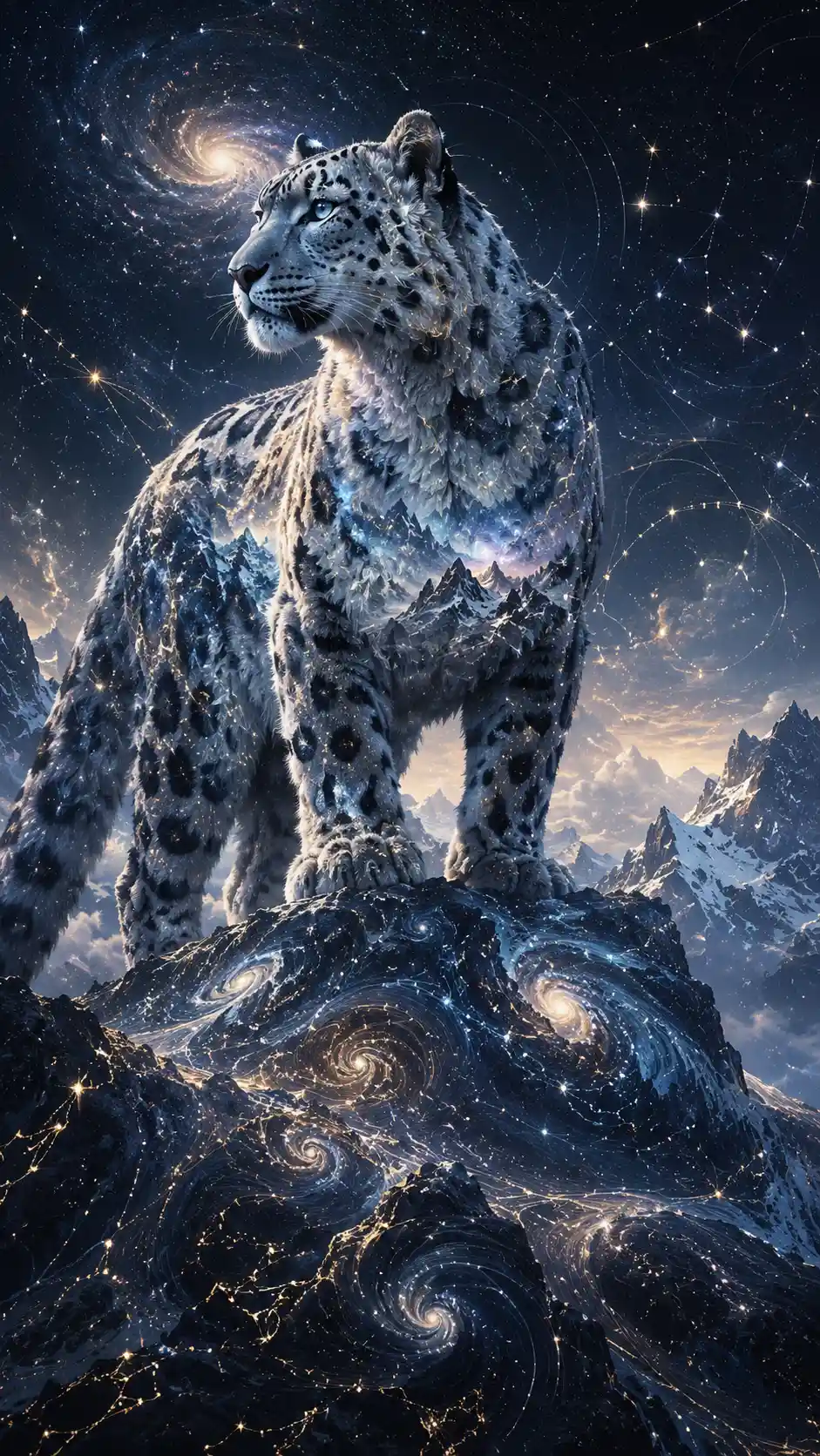 Snow leopard stands as mountain rocks transform into galaxies and constellations