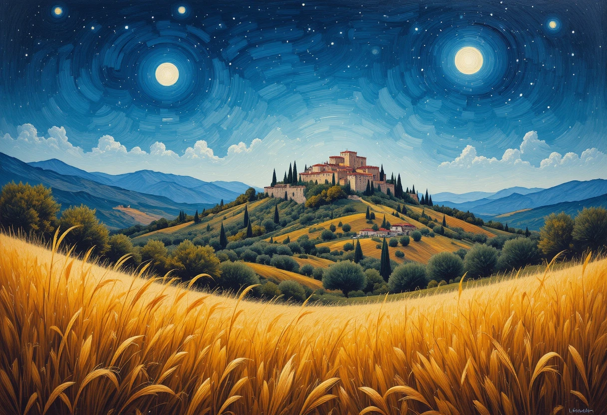 A Provençal Night Landscape with a Hilltop Fortress and Cypress Groves
