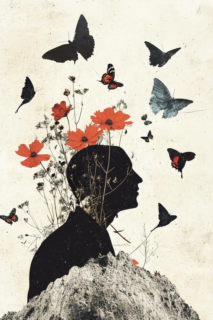 A serene surreal collage presents dreamlike elements against concrete
