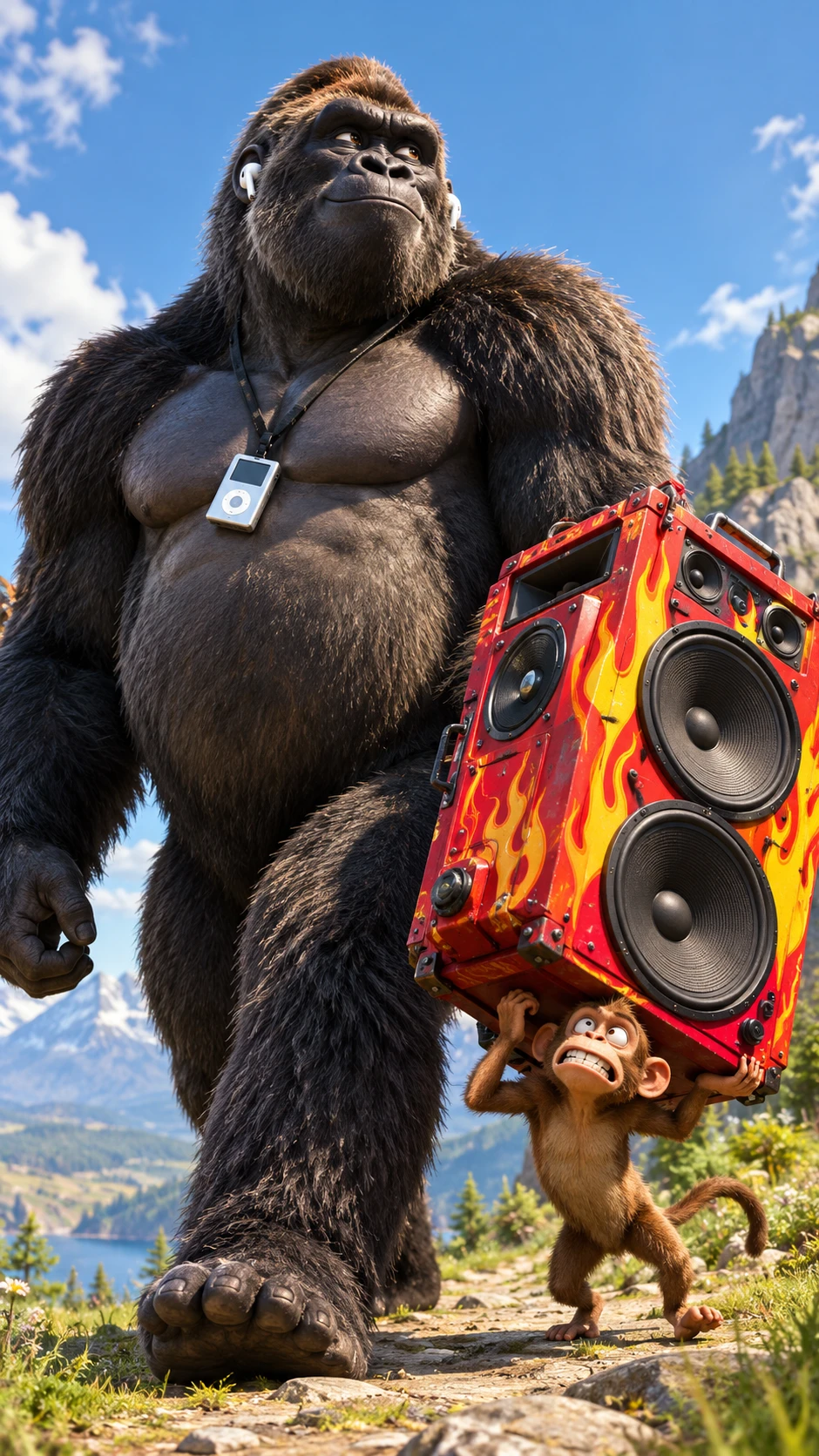 A gorilla enjoys music through tiny earbuds and a portable player