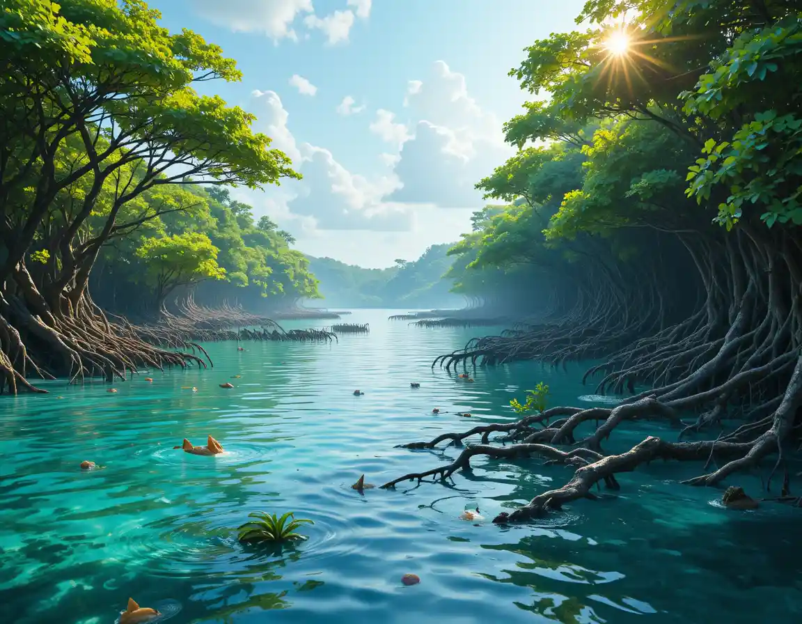A Lush Mangrove Forest with Tangled Roots Along a Tropical Coastline