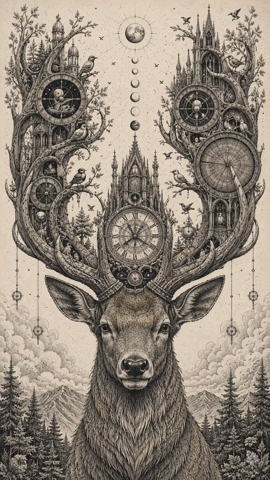 A stag with antlers transformed into intricate clocks and observatories