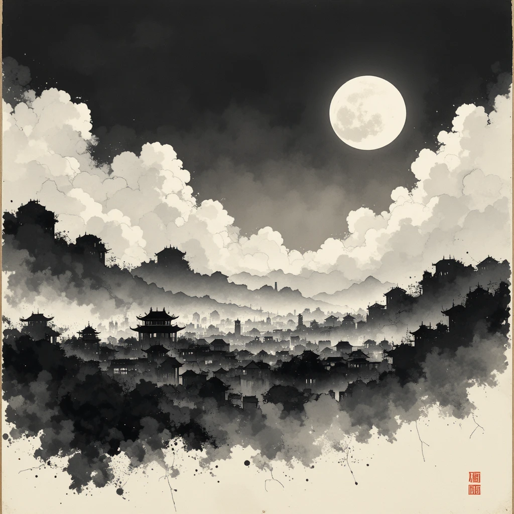 A Ming dynasty city skyline under a full moon in ink