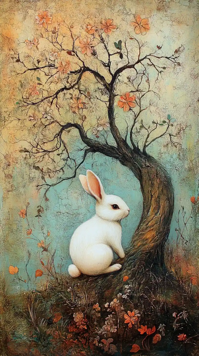 A white rabbit rests beneath an ancient tree through four seasons