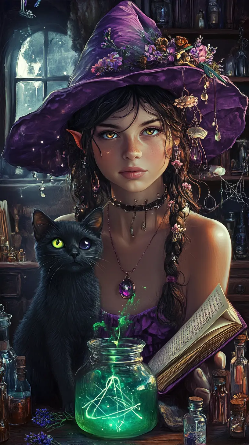 舒適閣樓藥草鋪中，被魔藥環繞的年輕女巫