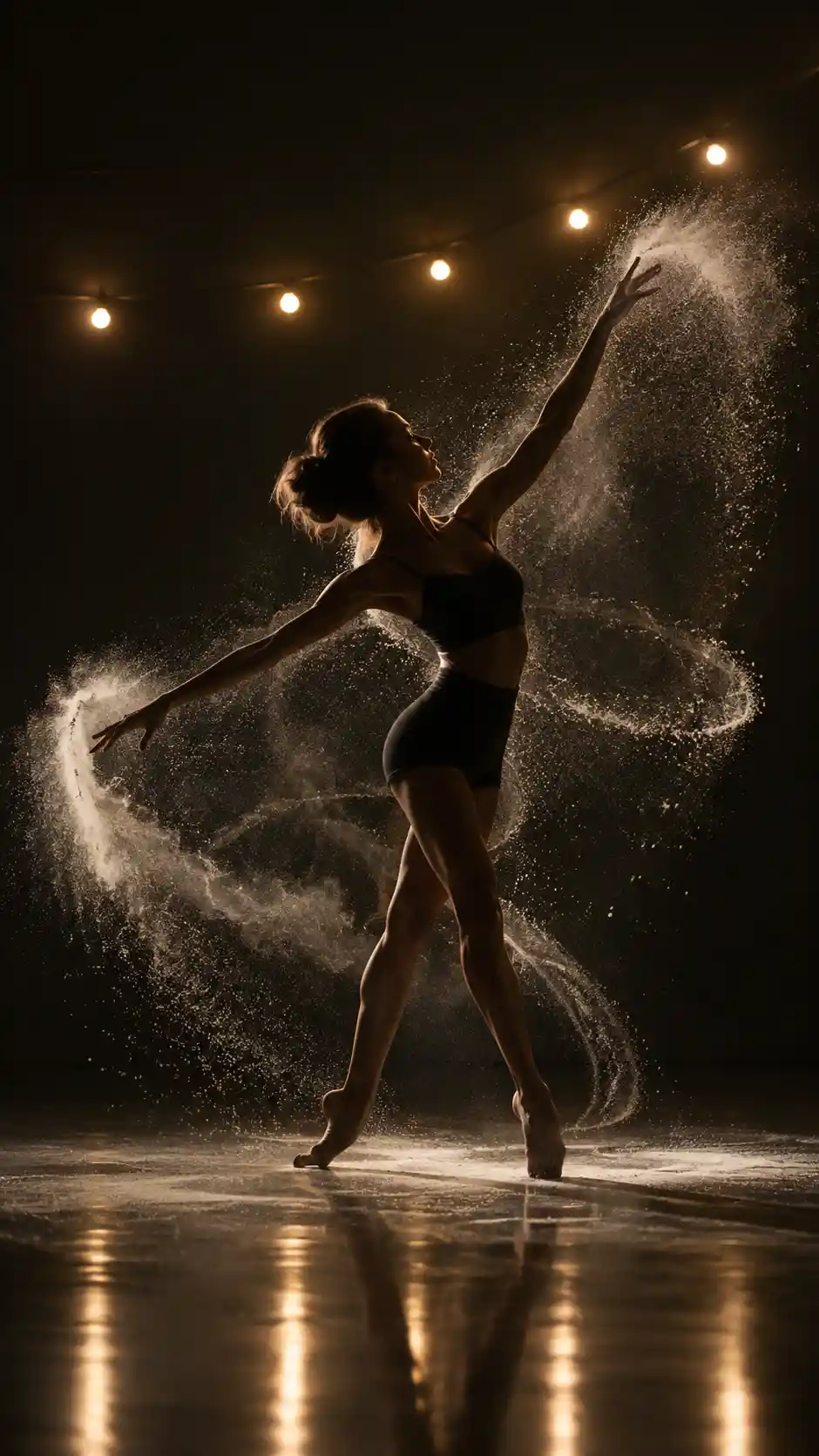 A dancer traces fleeting chalk patterns across a dark studio