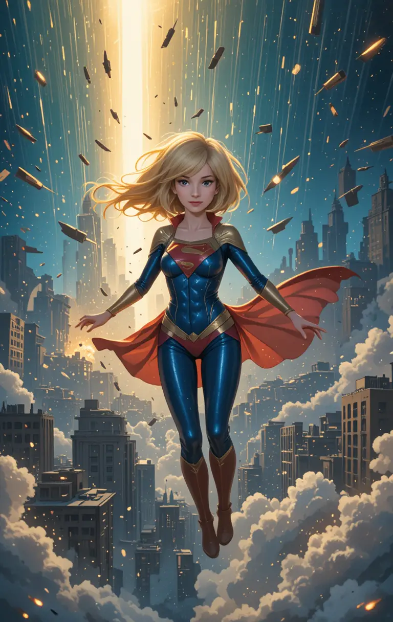流星墜落之際，動畫女超級英雄漂浮在燃燒的紐約上空