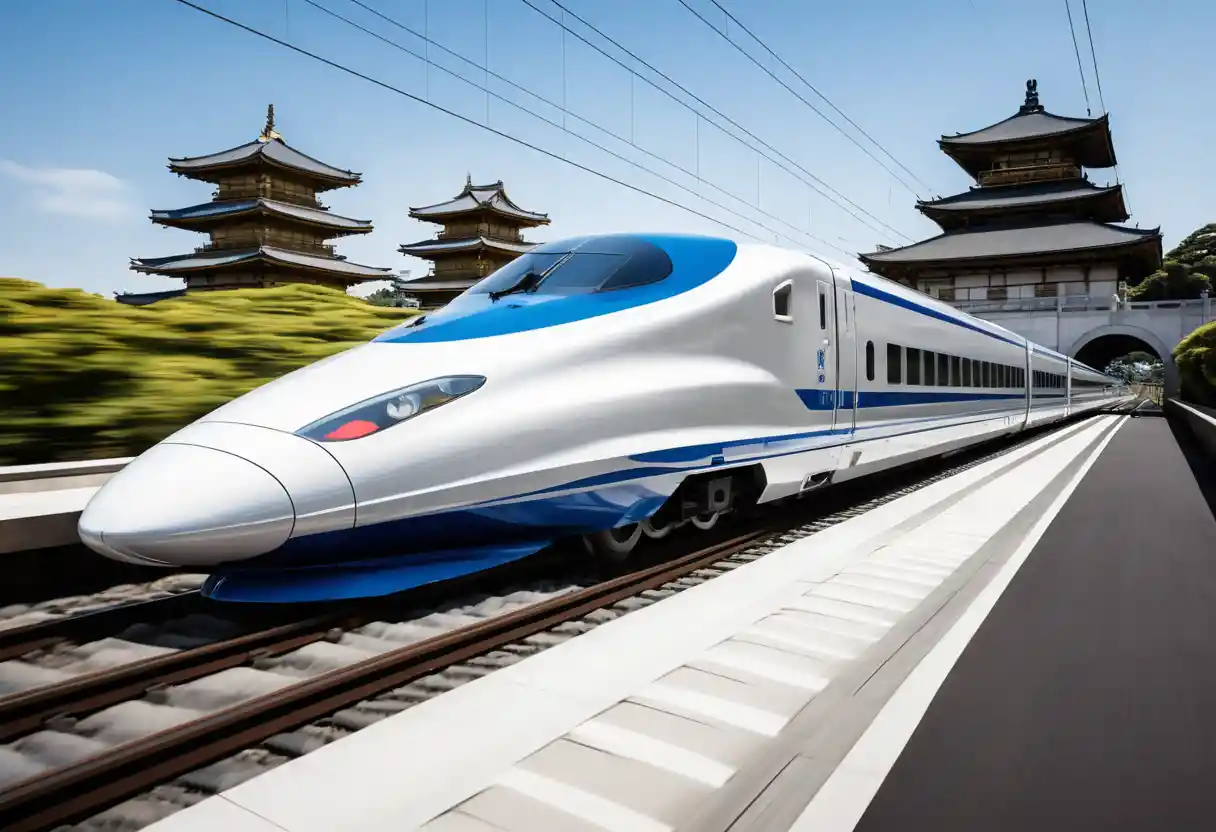 A Shinkansen speeds past an ancient Japanese palace