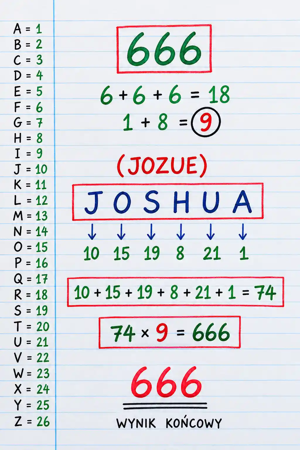 Handwritten gematria infographic for the word Joshua on ruled paper