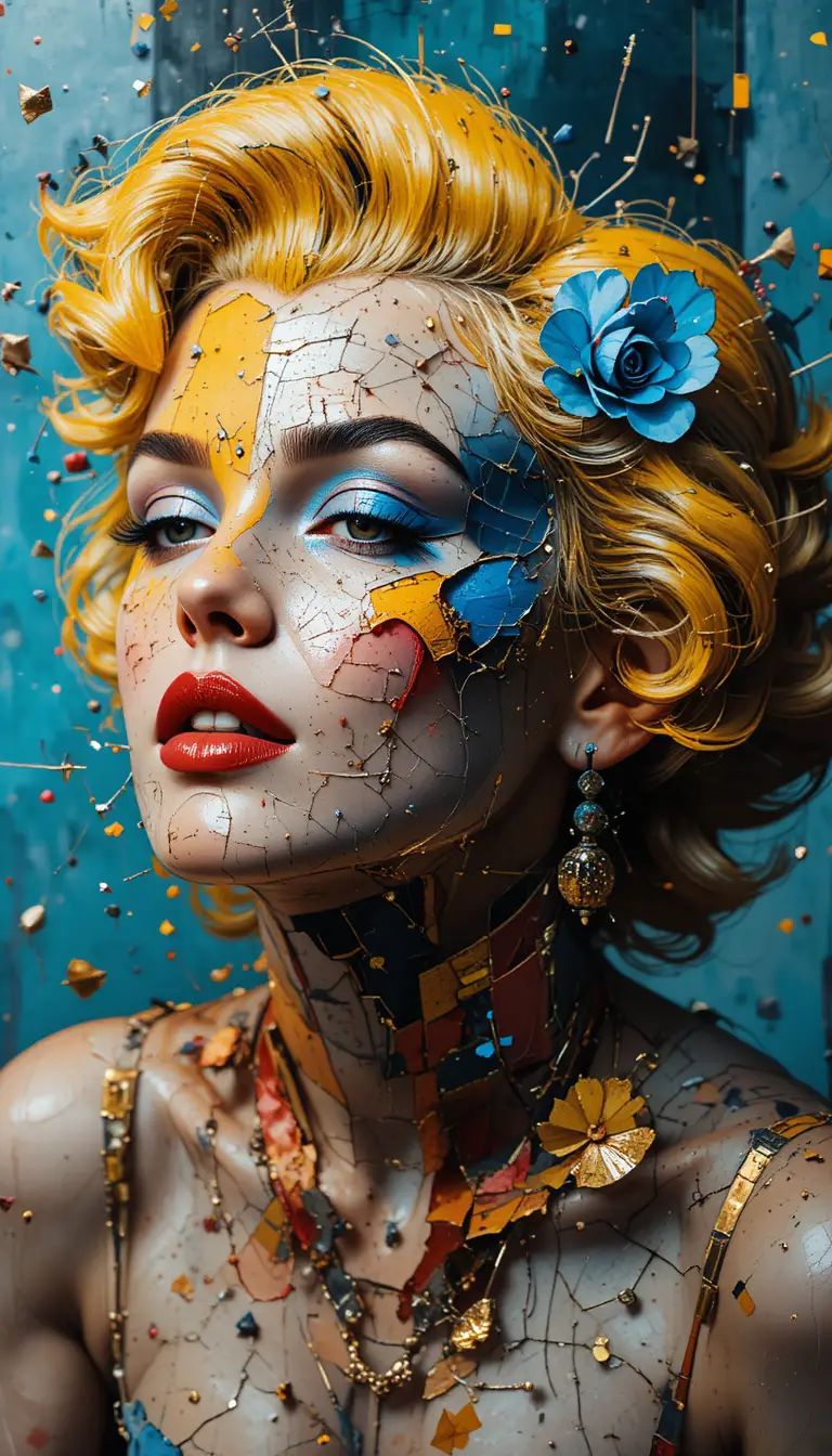 Ritratto di Marilyn Monroe in un collage frammentato a tecnica mista