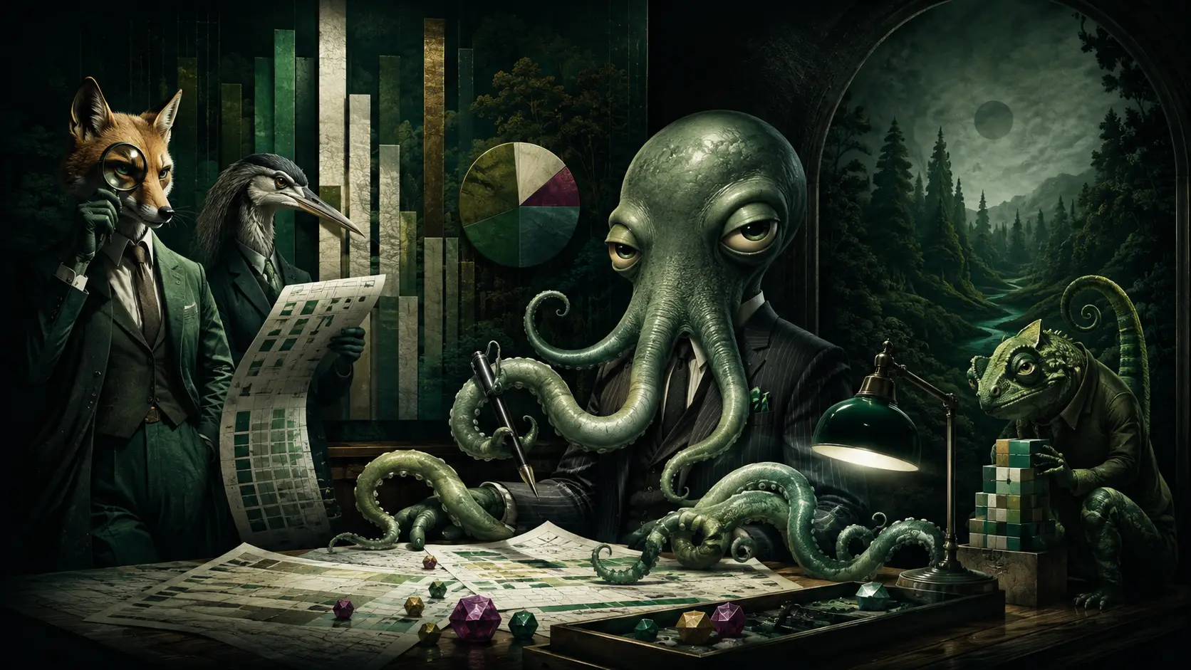 Whimsical anthropomorphic data creatures with deadpan expressions and mischievous poses