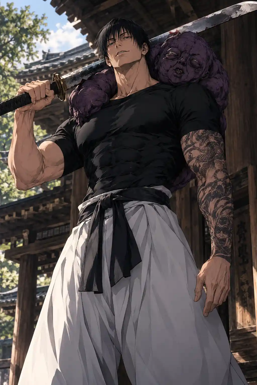 Toji Fushiguro with a Katana and Cursed Spirit in Anime Style