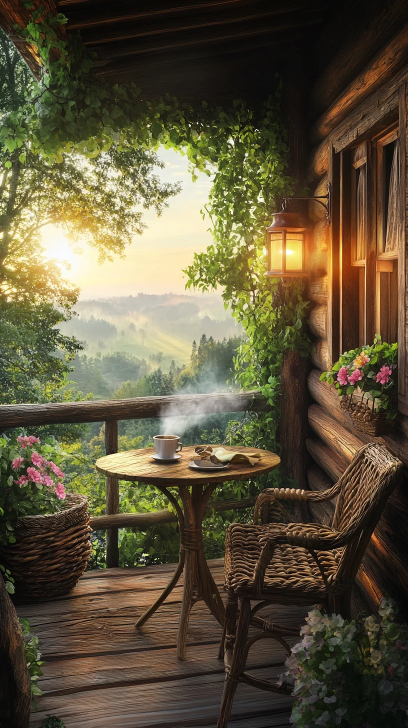 Rustic cabin porch with coffee and woven chairs at sunset