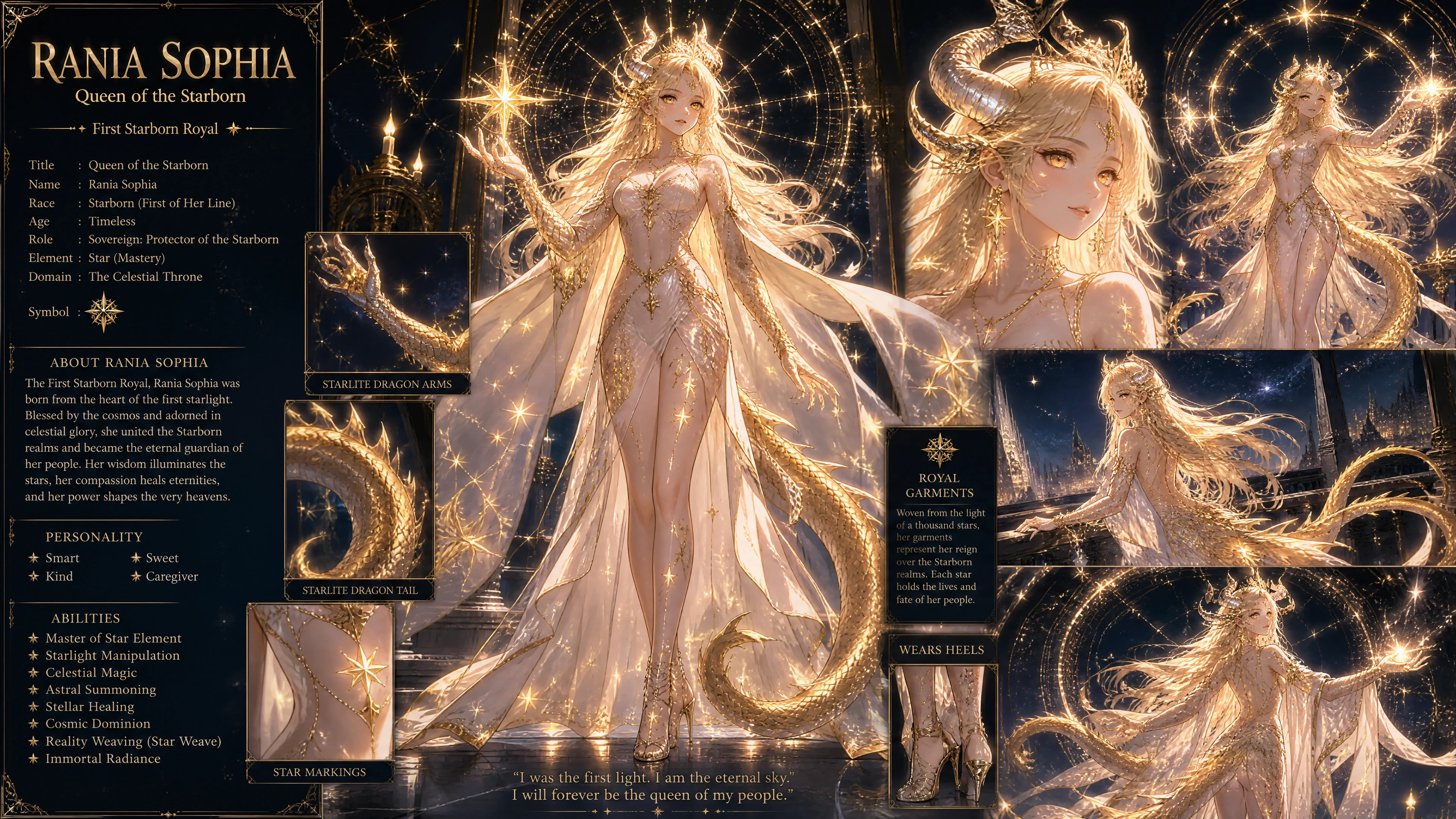擁有彎曲犄角、龍臂與星辰紋路的奇幻女王
