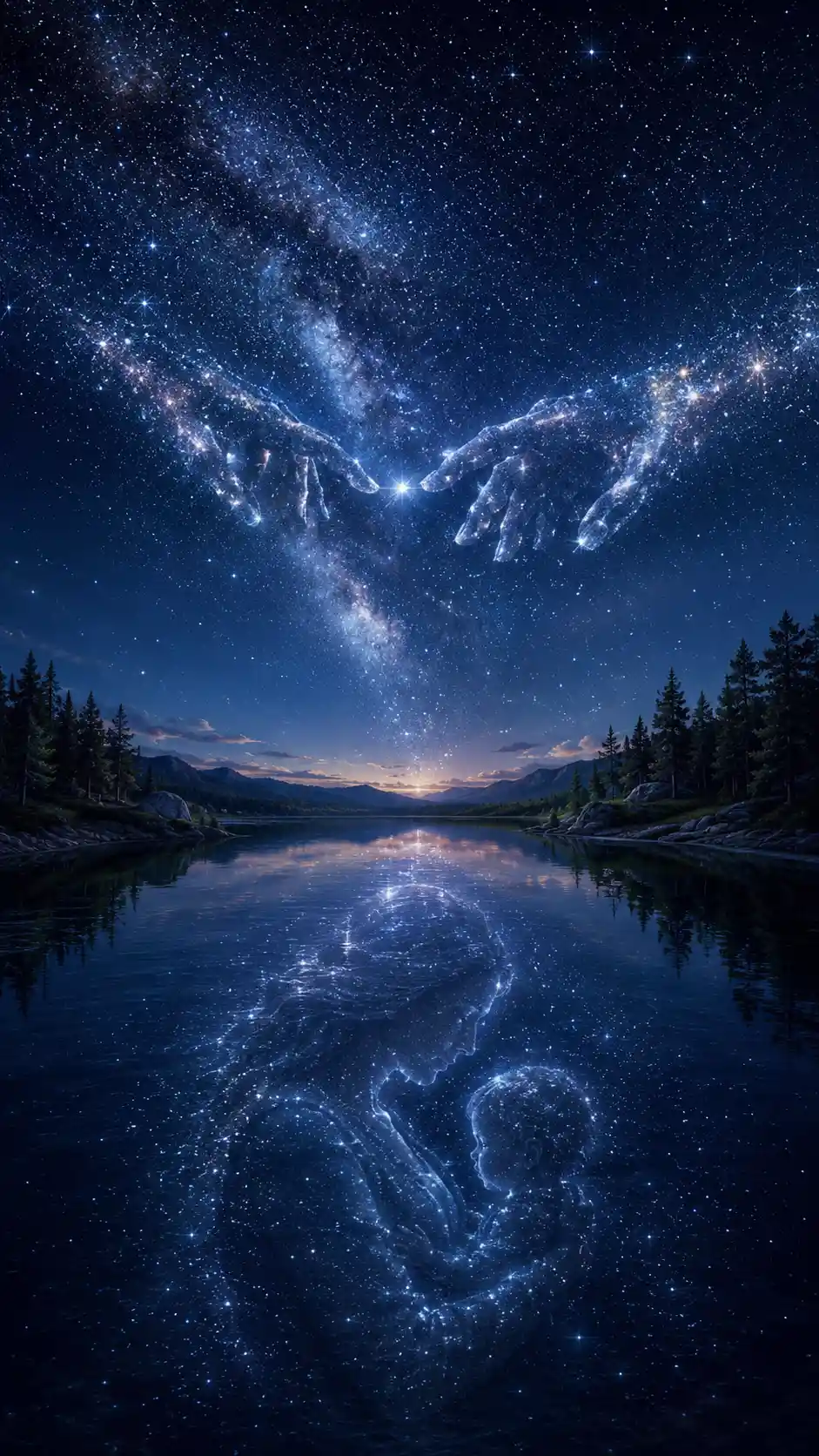 The Milky Way forms touching hands above a still lake