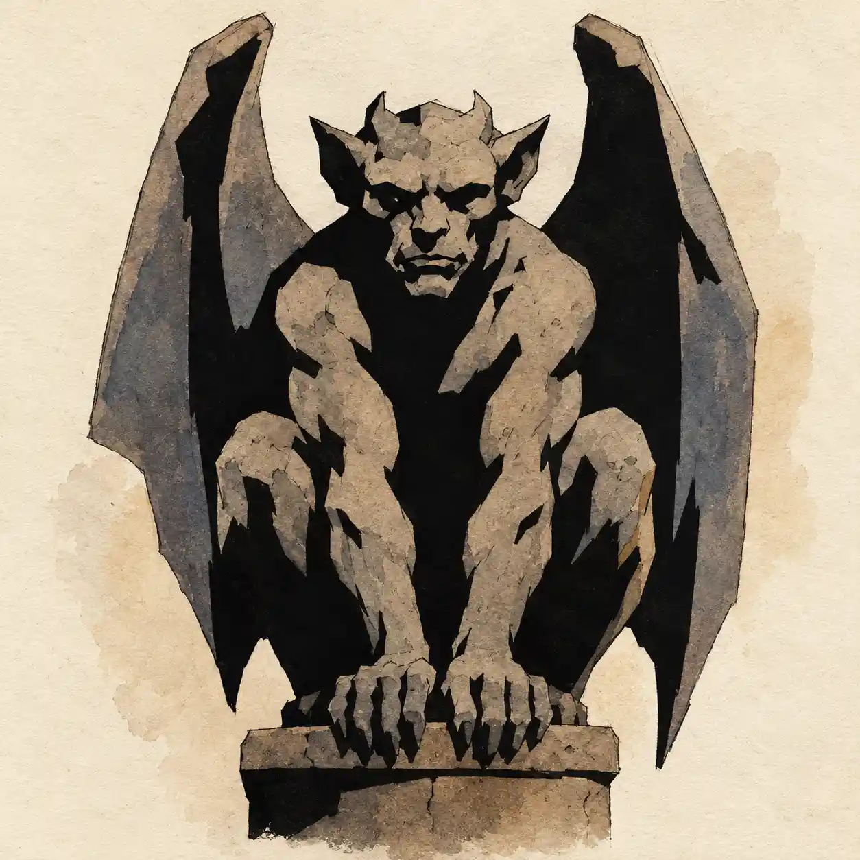 A gargoyle statue rendered as a frontal pencil and watercolor study