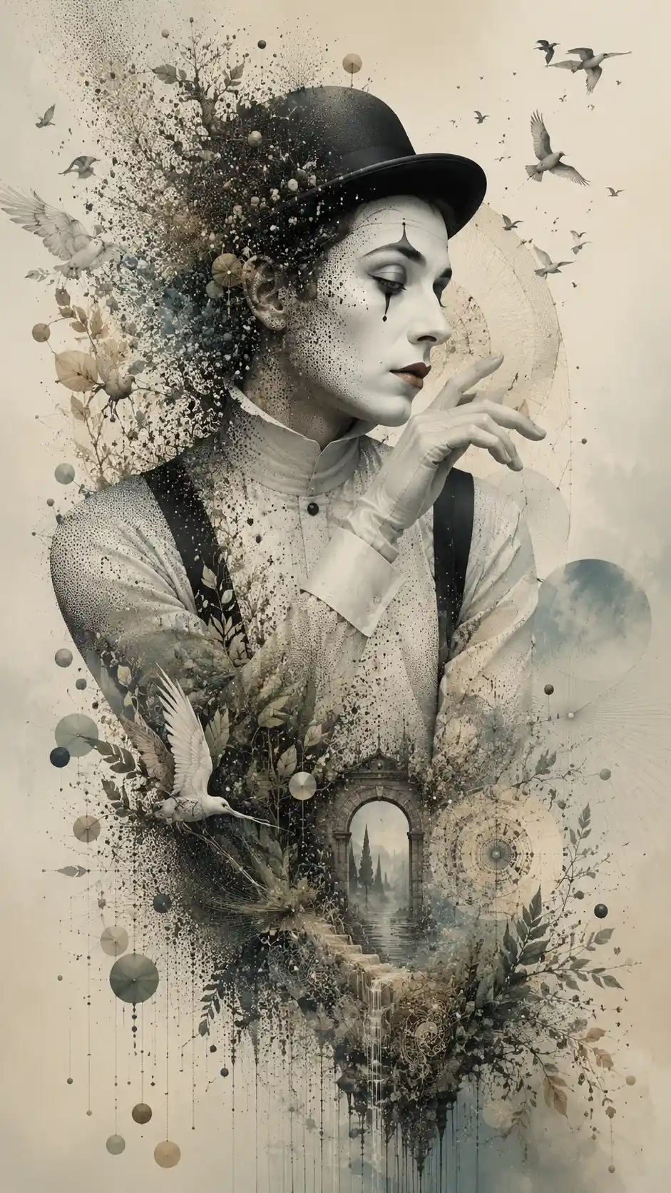 A mime portrait rendered in delicate stippling and muted watercolor