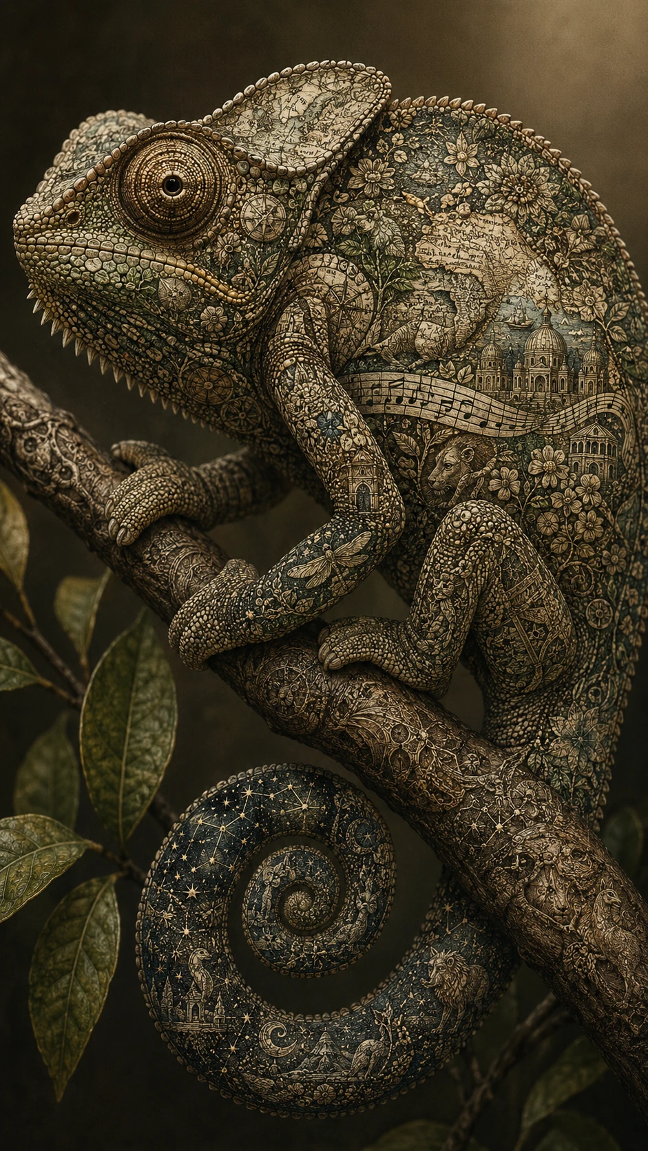 A chameleon perched on a branch with intricate engraved scales