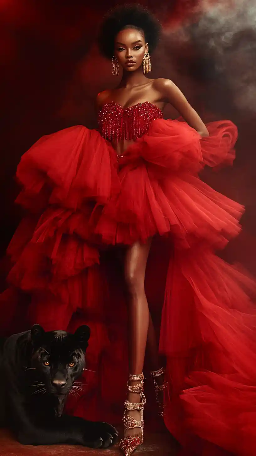 A woman poses with a bouquet in a flowing red gown