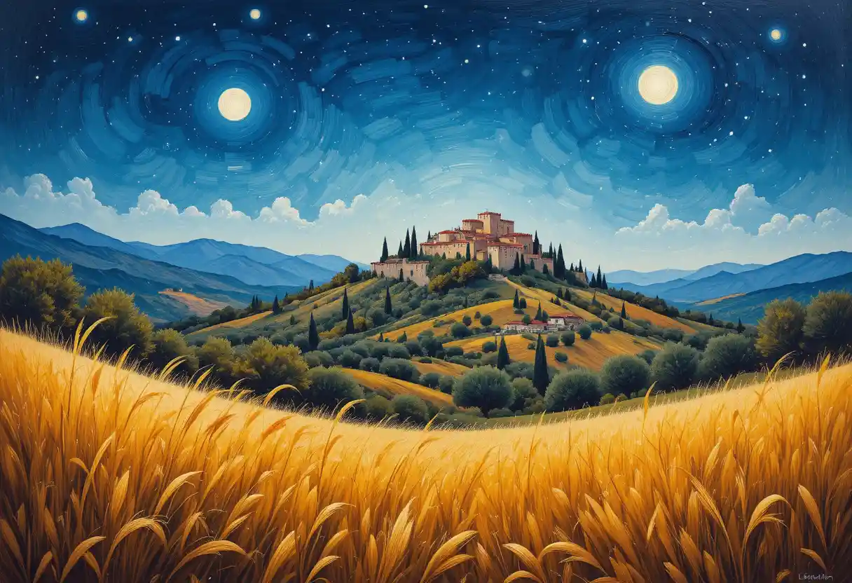 A Provençal Night Landscape with a Hilltop Fortress and Cypress Groves