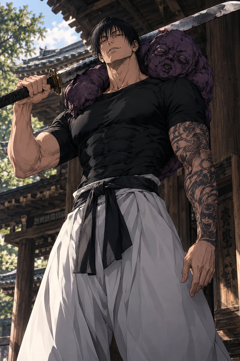 手持武士刀、身旁伴隨咒靈的動漫風格伏黑甚爾