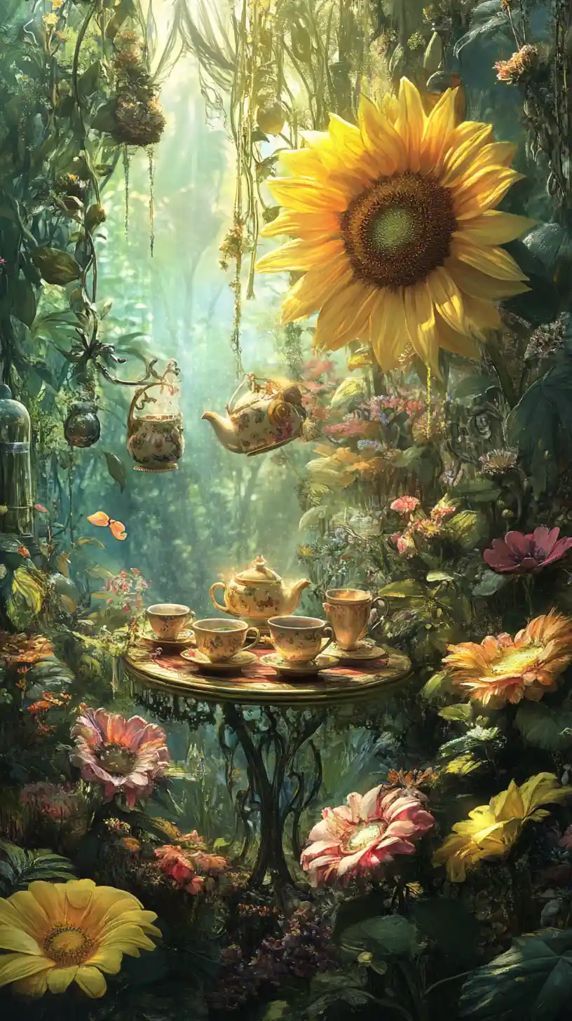Anthropomorphic Flowers Gather for a Lively Tea Party in an Enchanted Garden