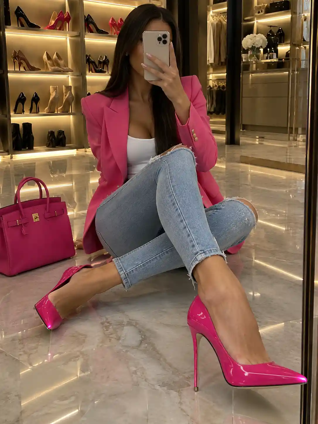 A woman poses in a dressing room wearing distressed jeans and pink pumps
