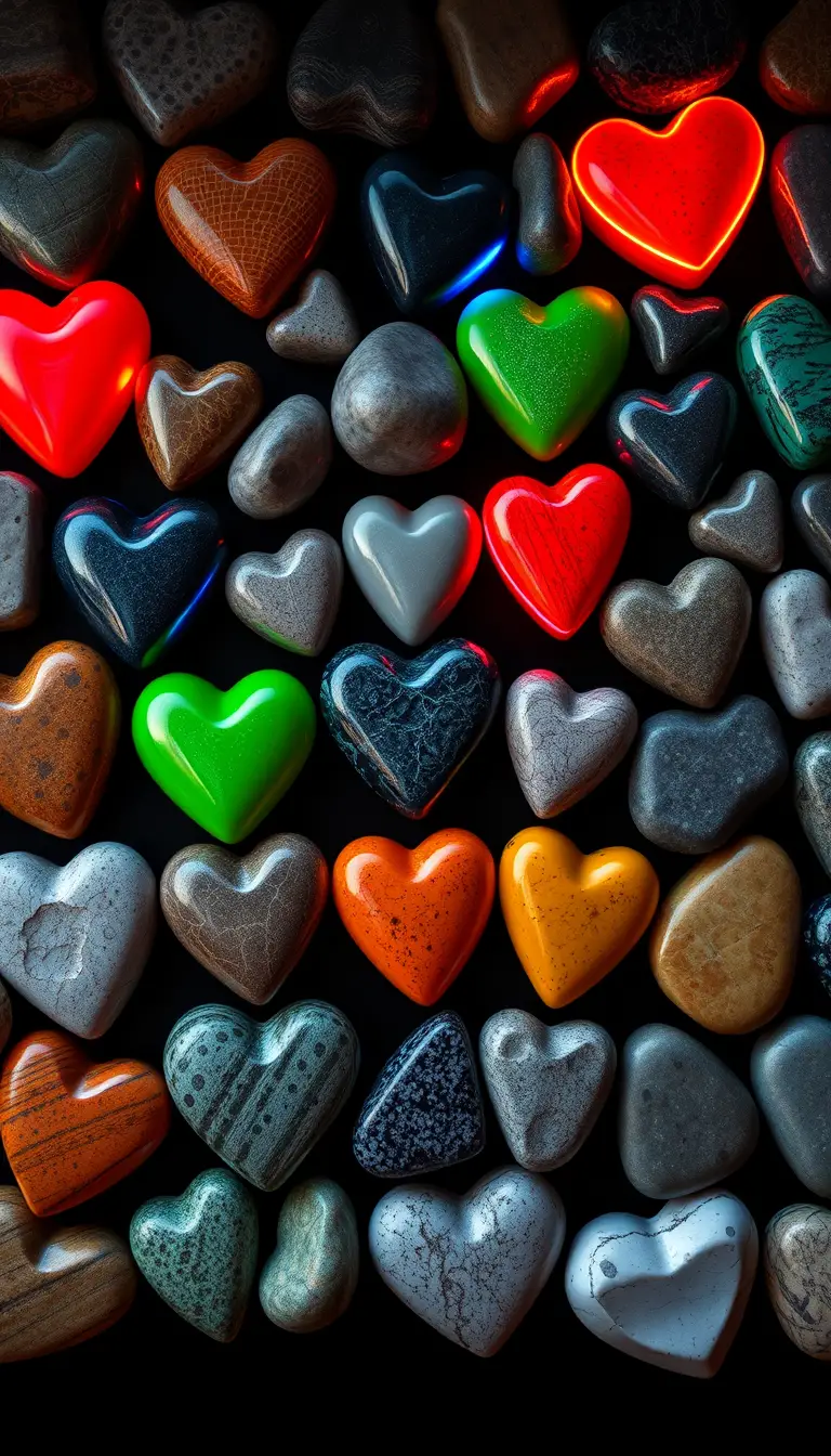 Colorful heart-shaped stones form a dense mosaic on black