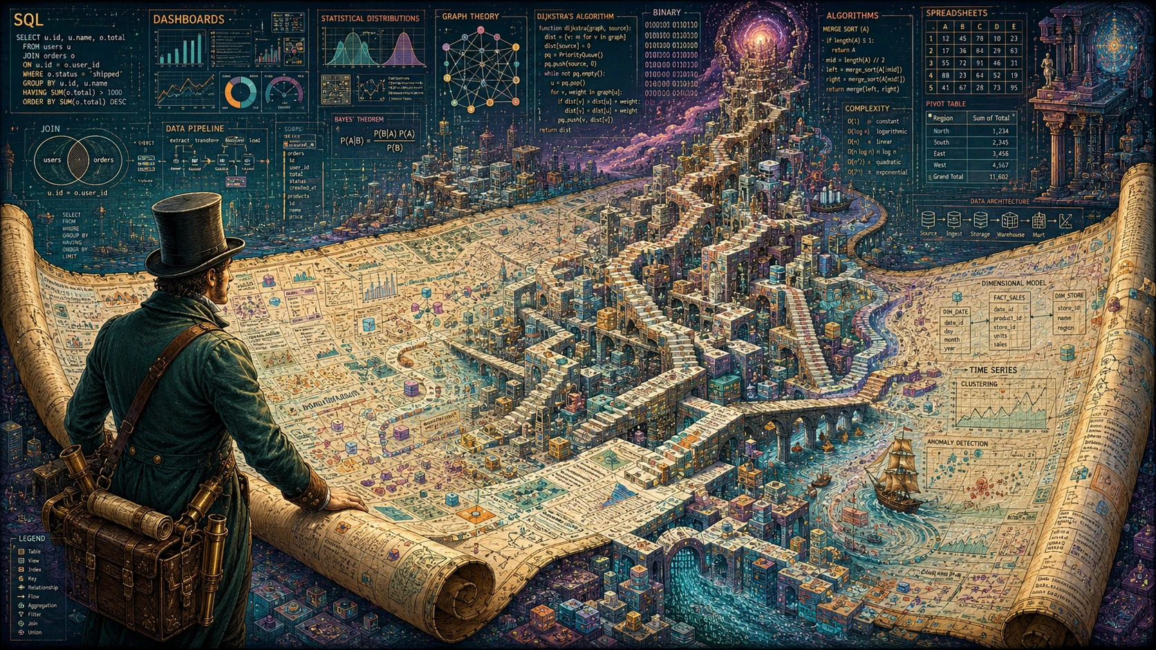Un esploratore vittoriano dispiega una mappa infinita di surreali strade di dati