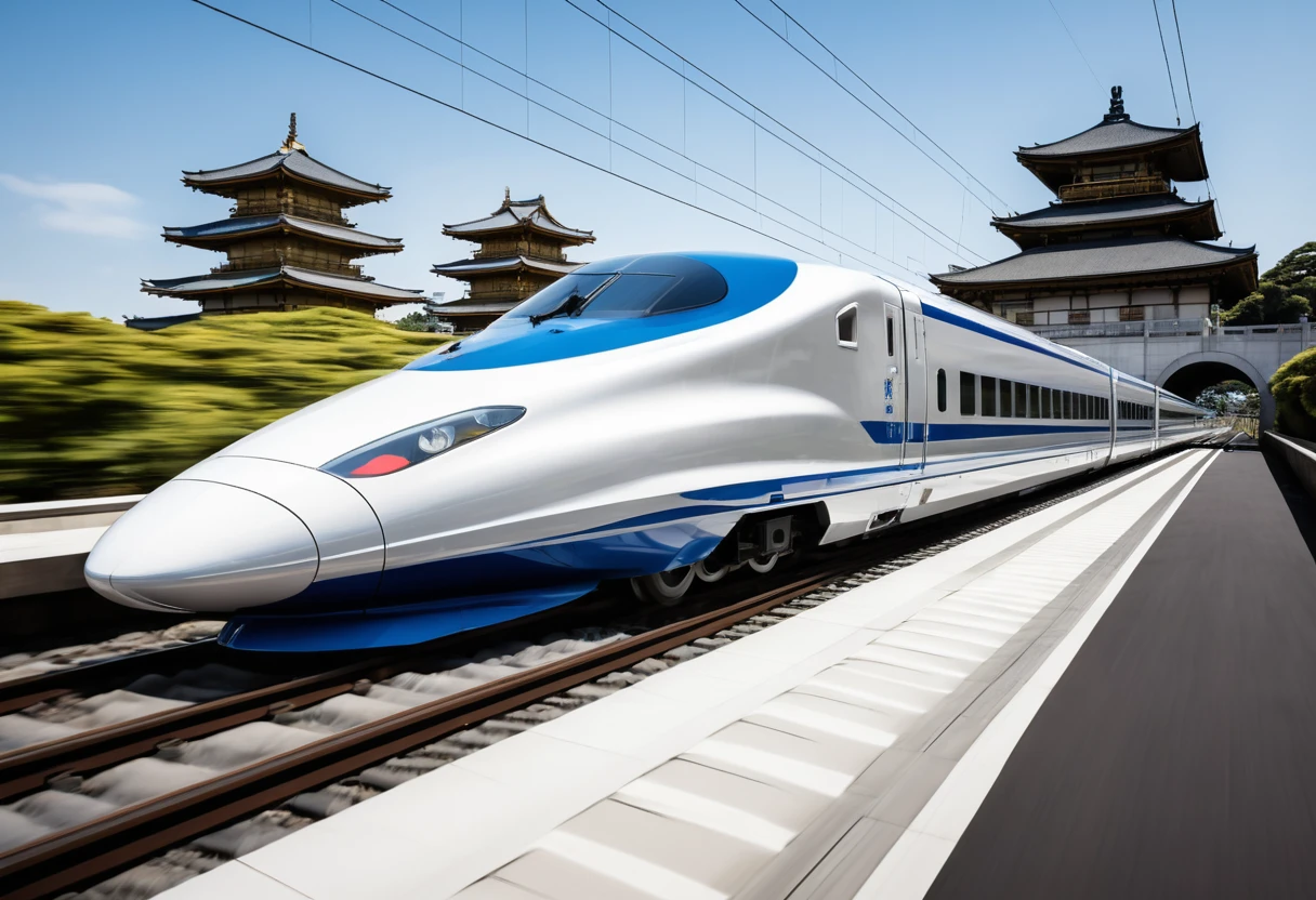 Ein Shinkansen rast an einem antiken japanischen Palast vorbei