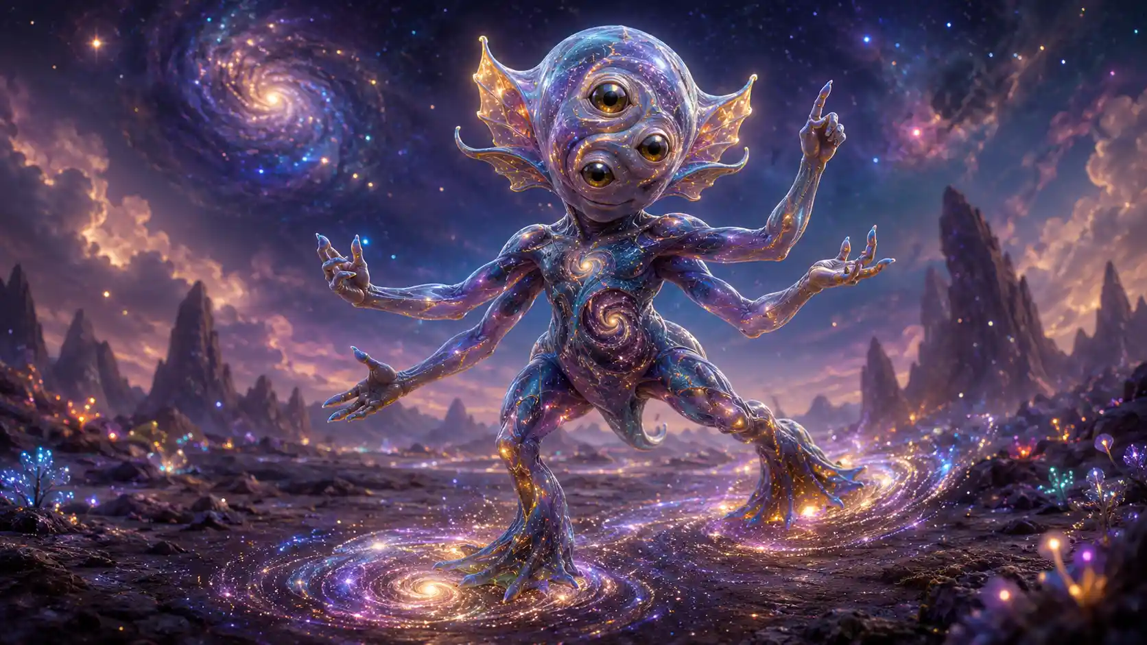 A Five-Armed Alien With Spiral Eyes And Constellations Beneath Translucent Skin