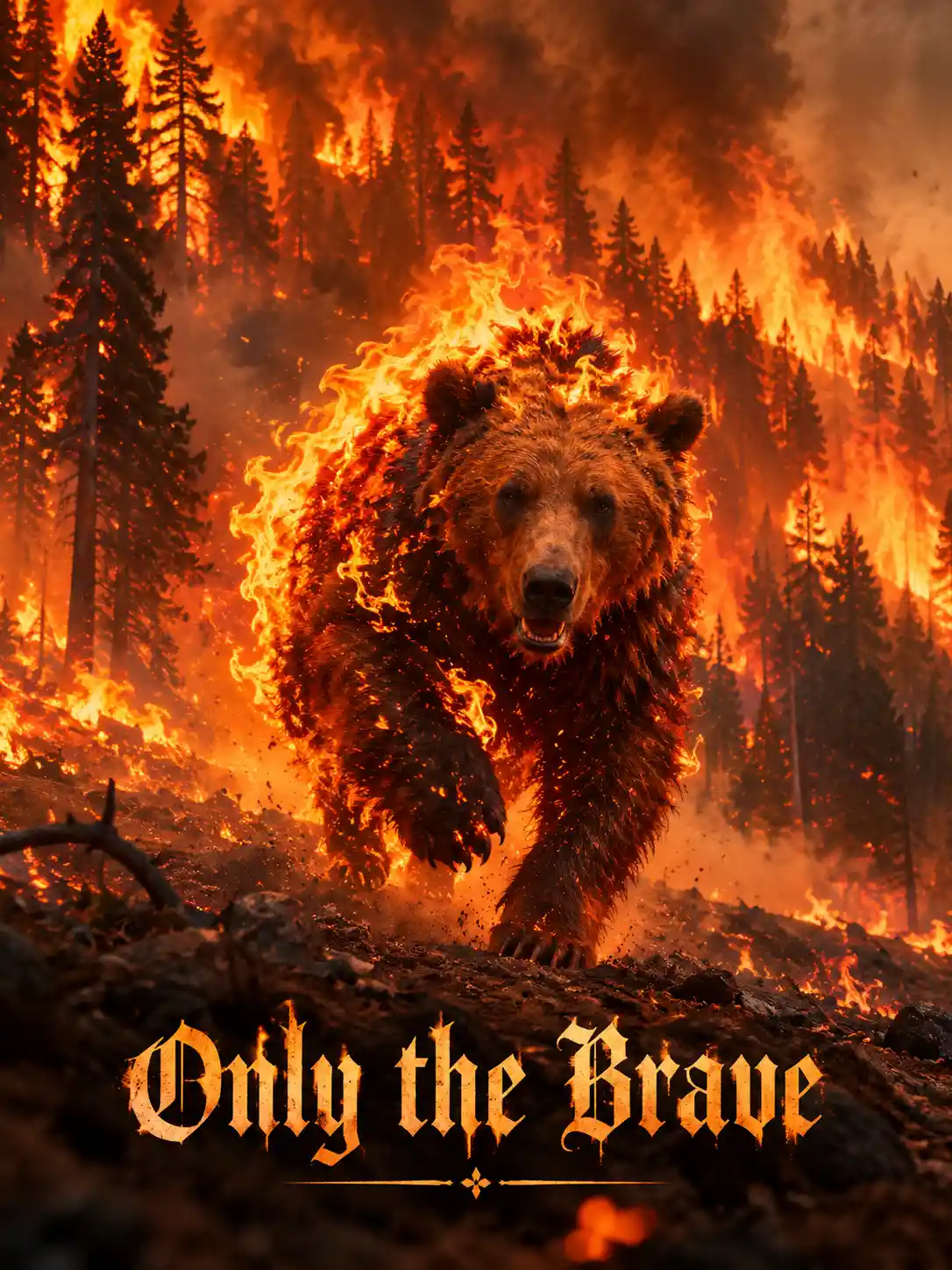 A Bear Ablaze Runs From a Massive Forest Fire in the Woods