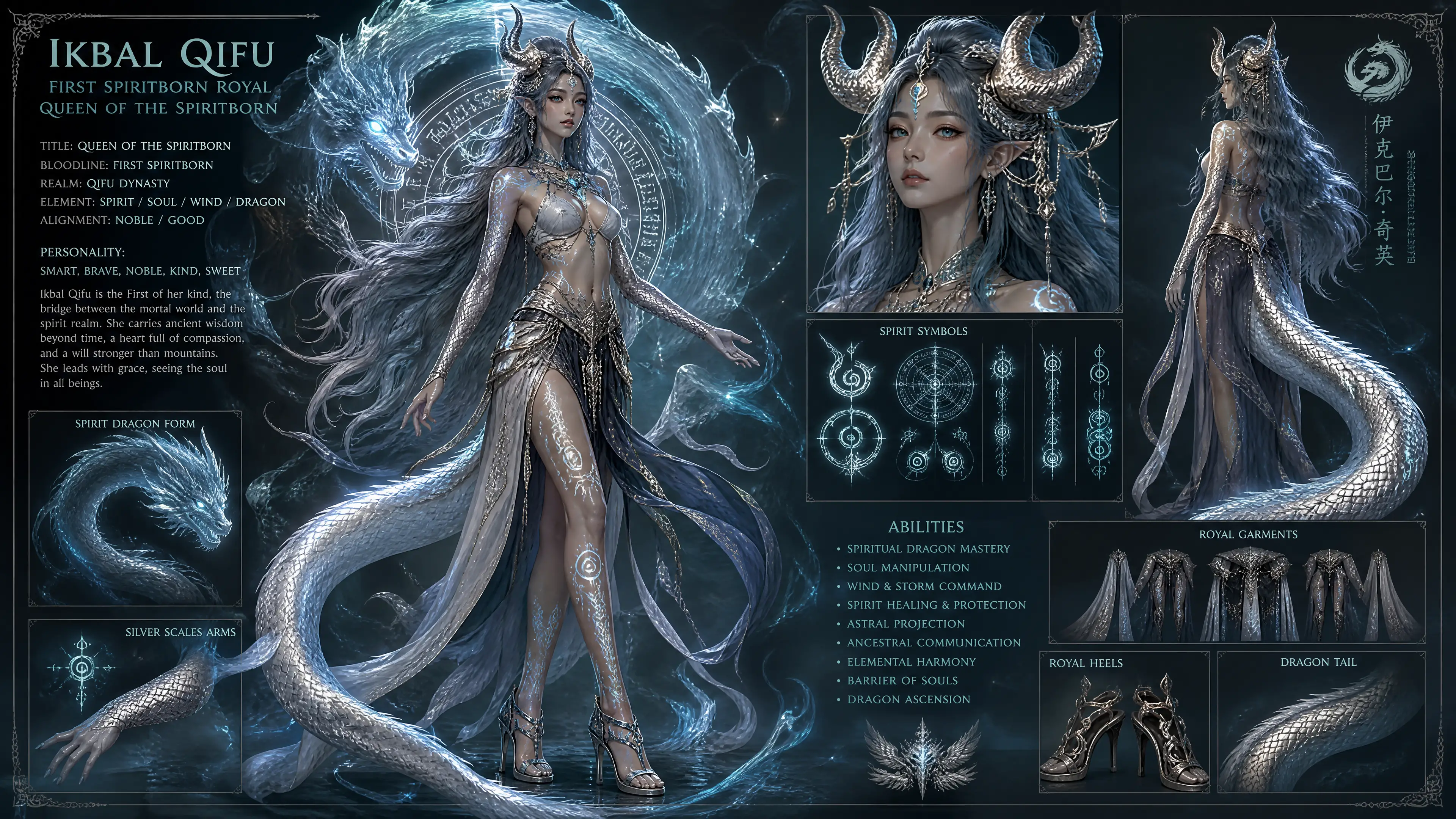 Una regina degli spiriti con corna di drago, scaglie argentate e lunghi capelli fluenti blu-grigio