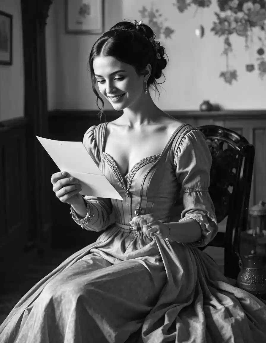 A woman reads a letter in a medieval room while wearing a gown